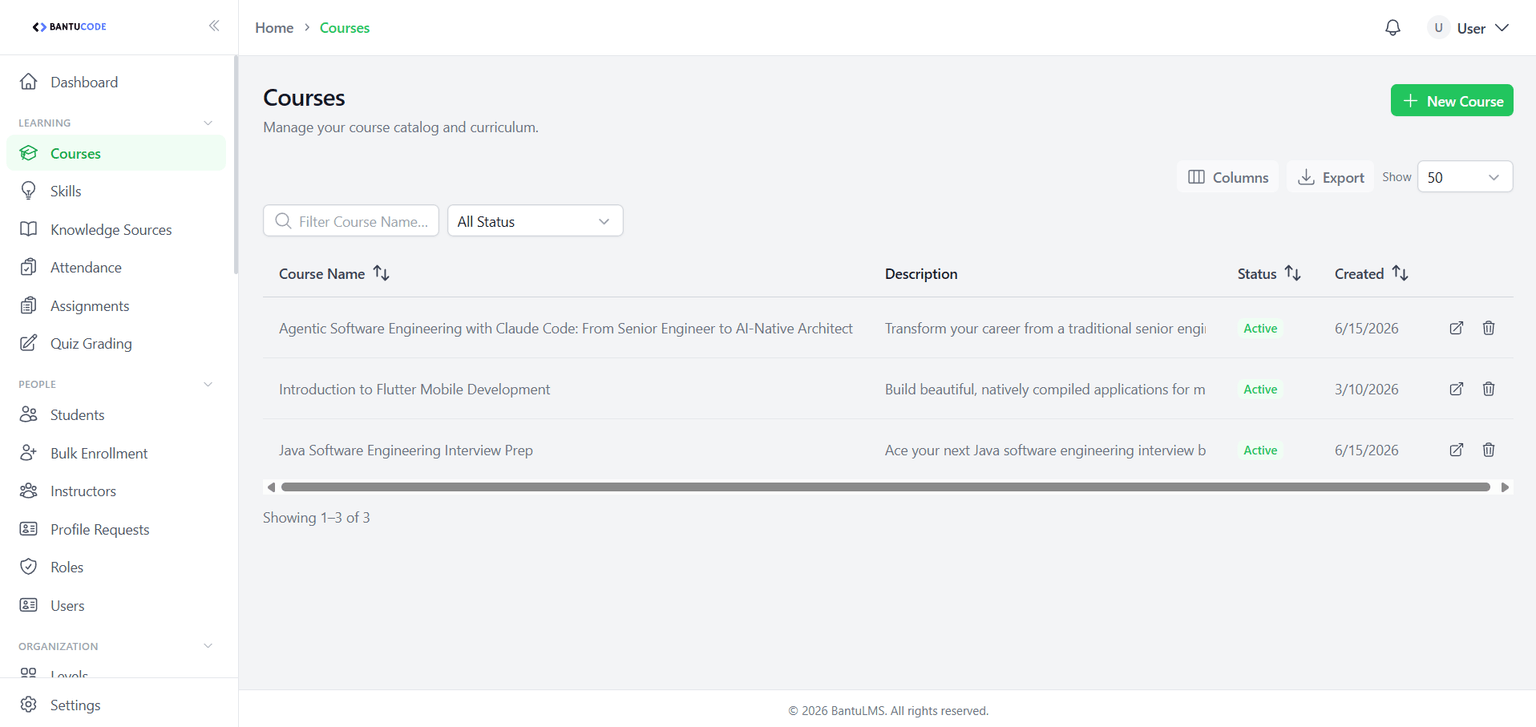 Bantucode admin Courses page showing a table of active courses with status, description, and creation date columns, plus a New Course action