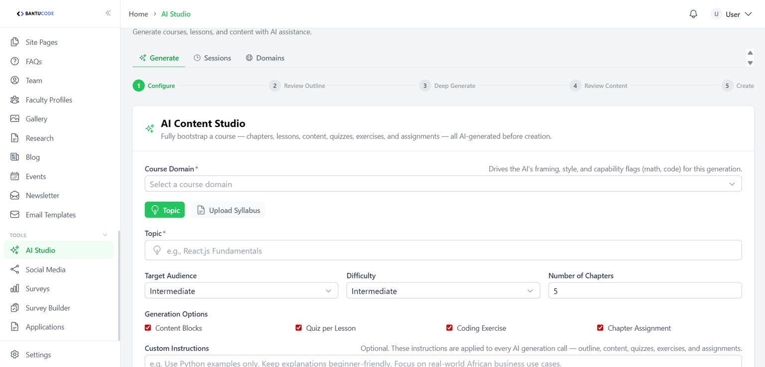 Bantucode AI Studio: a course generation wizard where an admin picks a course domain and topic or uploads a syllabus, sets target audience and difficulty, and toggles what to generate, including content blocks, quizzes, coding exercises, and chapter assignments