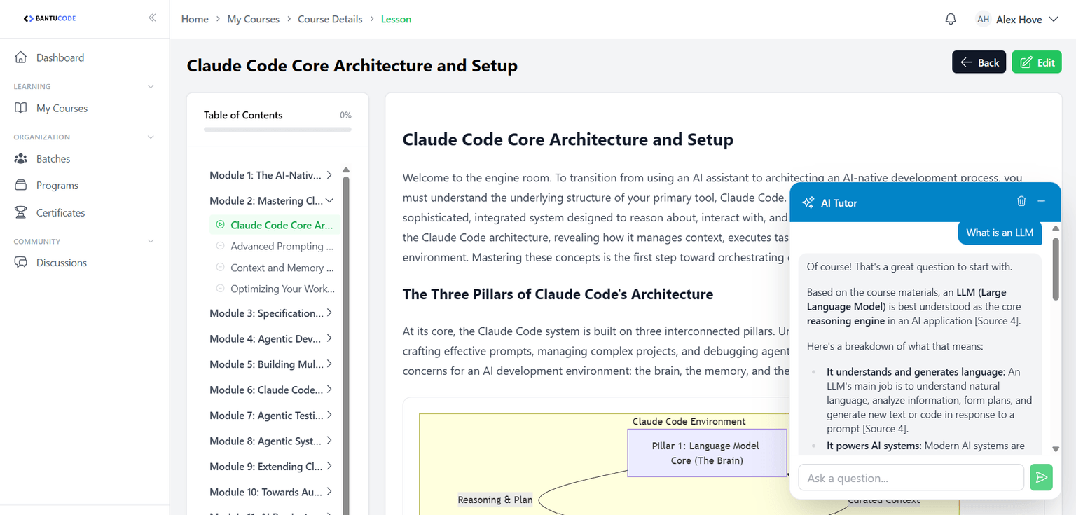 Bantucode AI Tutor panel open inside a lesson, answering the question 'What is an LLM' with a grounded explanation and a source citation
